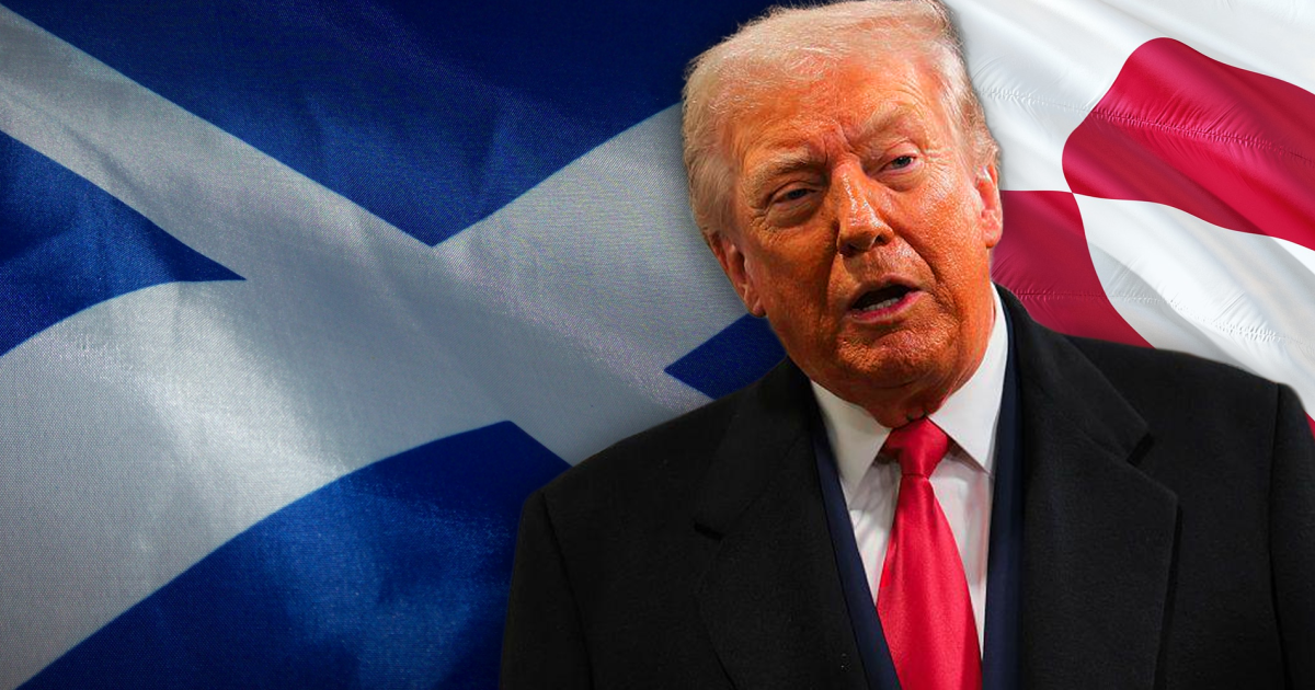 Donald Trump in front of the Scotland and Greenland flags